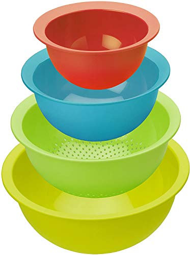 Rotho Caruba Set mit 3 Schalen und 1 Sieb, Kunststoff (PP) BPA-frei, mehrfarbig, (30.0 x 30.0 x 13.0 cm)