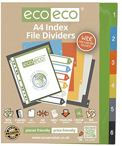 eco-eco A4 50% Recycled Set 6 Index Wide File Dividers, eco027