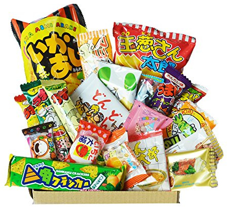 Glückliche Dagashi Box 20pcs ver.2 Japanische Süßigkeit Sortiment Umaibo Snack Kartoffel Chip Gumi Squid Schokolade mit AKIBA KING Aufkleber