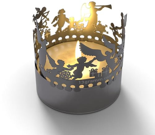 13gramm Engel Windlicht Schattenspiel Geschenk, 3D Edelstahl Aufsatz für Kerze inkl. Karte