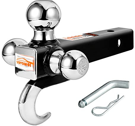 Towever 84180P - Supporto a tre sfere per rimorchio classe III/IV con gancio (gancio di traino con codolo cavo, nero e cromo), perno e clip inclusi