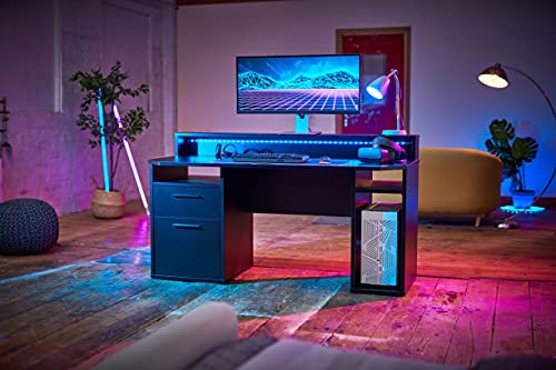 RestRelax Warrior Gaming Desk - UK's #1 LED Light Gaming Desk, 160CM x 91CM x 72CM, Black, With Drawers & Storage