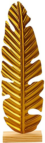 Lifestyle & More Moderne Skulptur Dekofigur Goldenes Blatt aus Metall und auf Holz Sockel 16x43 cm