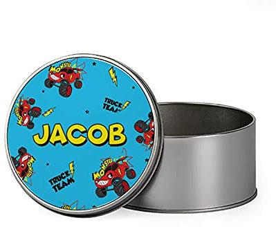 Giftme Personalised Funny Monster Truck Kids' Storage Box - Round Tin Gift - 18.4 x 11.4 x 5.5 cm - Portable, Removable, Dry Foods & Emergency Supplies