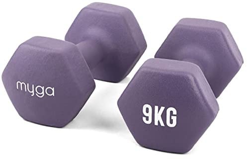 MYGA Hex Dumbbells - Pair of Neoprene & Cast Iron Hexagonal Dumbbell Hand Weights for Women and Men at Home & Gym - Weight: 9 kg