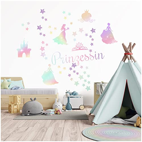Wandsticker personalisiert Sticker Aquarell Tiere mit Name Wandtattoo für Kinderzimmer Babyzimmer Spielzimmer Mädchen Junge Y037 (Nr. 36 Kleine Prinzessin, Ohne Wunschname)