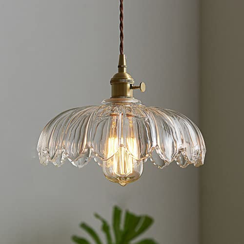 COJJ-Scalloped Glass Flower Ceiling Hanging Light Industrial Single Dining Room Pendant Lights Retro Ceiling Chandelier for Bedroom Restaurant Hallway Kitchen Dining Room-Clear [Energy Class A]