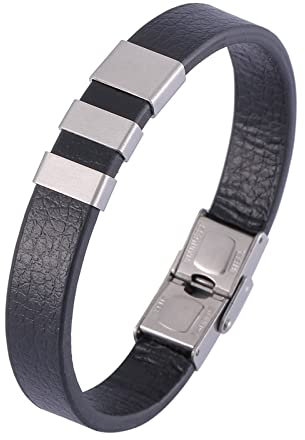 Skcess Männer Lederarmband Silber,Herrenarmband Leder Lederarmband Im Einfachen Stil Rostfreier Stahl Lederarmband Herren 16.5cm