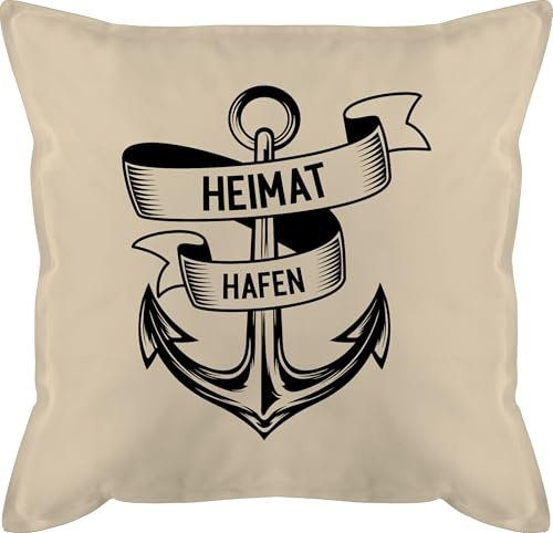 Kissen 50x50 - Statement - Heimathafen Anker - 50 x 50 cm - Beige Natur - mit statement-kissen statements schmusekissen füllung kopfkissen schwarz sprüche bezug grau kissenbezüge sofakissen