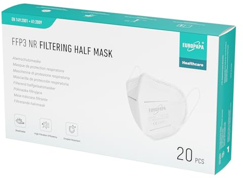 EUROPAPA® 20x FFP3 Weiss Masken Atemschutzmaske 5-Lagen Staubschutzmasken hygienisch einzelverpackt Stelle zertifiziert EN149:2001+A1:2009 Mundschutzmaske EU2016/425