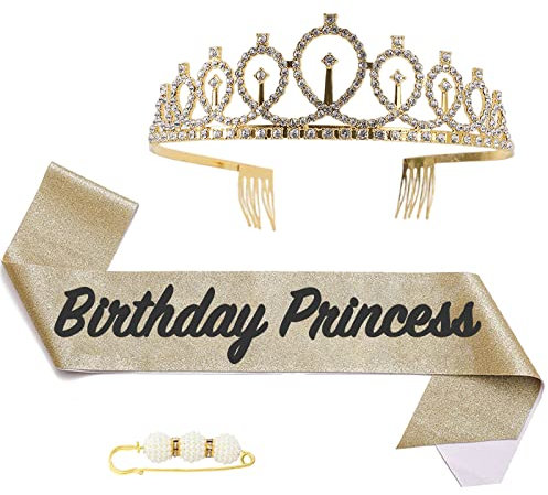 POPOYU Birthday Prinzessin Krone und Schärpe,Sweet Birthday Krone mädchen,Geburtstag Tiara Goldfarben,deko Geburtstag Schärpe,Geburtstag mädchen Kopfbedeckung für Geburtstagsgeschenk Partyzubehör