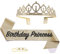 POPOYU Birthday Prinzessin Krone und Schärpe,Sweet Birthday Krone mädchen,Geburtstag Tiara Goldfarben,deko Geburtstag Schärpe,Geburtstag mädchen Kopfbedeckung für Geburtstagsgeschenk Partyzubehör
