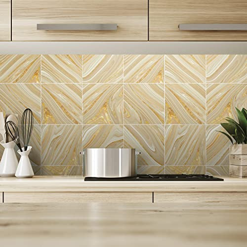 Alwayspon 12PcsX20cmX20cm Vinyl Floor Wall Tile Sticker Transfers, Non-slip Sticky Back Tile Decals for Kitchen Bathroom - Self-adhesive Peel and Stick PVC Stick on - Ivory Yellow Marble