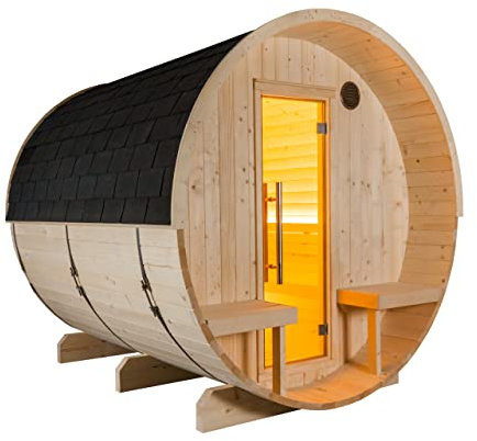 Sentiotec Kuusi 240 Canopy Fasssauna aus Fichte Gartensauna mit Dacheindeckung Ø 220 x 240 cm