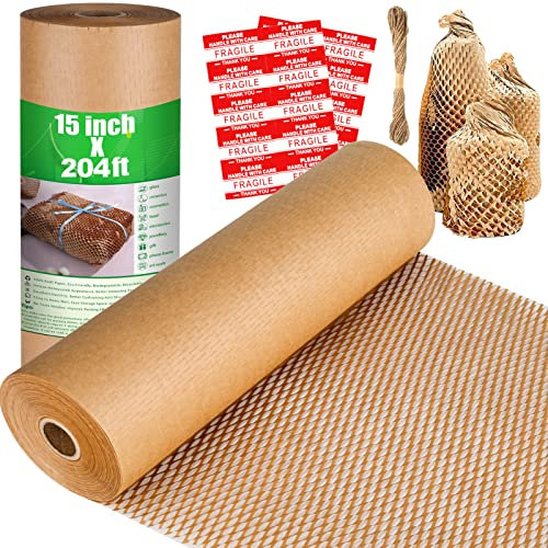 Wabenverpackungspapier, 500 x 38 cm, recycelbares Kissenverpackungspapier für Umzug, Versand, Verpackung, zerbrechlich, umweltfreundliche Luftpolsterfolie, alternative Rolle, Kraft-Wabenpapier mit 20