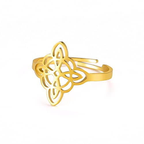 Dreamtimes Witch Knot Ring für Frauen Edelstahl Open Bar Rings Adjustable Celtic Quaternary Witch Knot Ring Witchcraft Amulet Jewellery Gift (Gold)