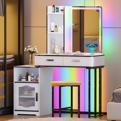 Lvifur RGB Schminktisch mit Kabelloses Laden,Siebenfarbig dimmbar Schminktische mit Ablagefächern und Samthocker,Schminktischset mit USB Type-C Anschluss Geeignet für Wohnzimmer Schlafzimmer, Weiß