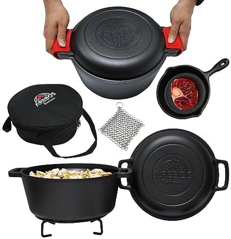 Arebos Dutch Oven Set 2in1 | Casserole en fonte 4,8 L & poêle 1,8 L | Casserole BBQ cuite au four & poêle à frire avec accessoires | Double fonction couvercle/poêle à frire