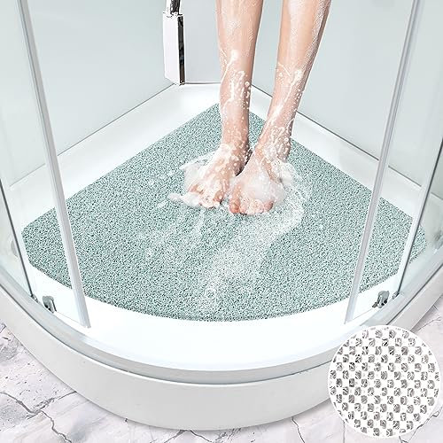 ZOKBOM Duschmatte, rutschfest, 60 x 60 cm | Eck-Badematte aus Luffa mit Abfluss, Anti-Schimmel, dreieckig, Badematte für ältere Menschen, schnell trocknend & zuschneidbar