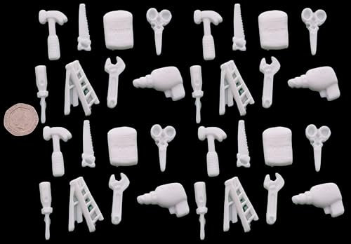 32 x Edible 3D Mixed Tools Set icing toppers, cake cupcakes decorations (White)