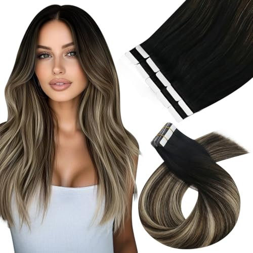 Moresoo Invisible Tape in Extensions Echthaar Schwarz Haarverlängerung Echthaar Tapes 55 cm Schwarz bis Dunkelbraun mit Karamellblond Klebe Tape Extensions 10 Stück 25g #1B/3/27
