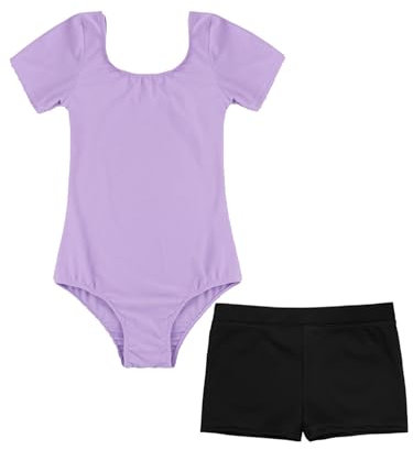 FEESHOW Kinder Mädchen Turnanzug Kurzarm/Langarm Mit Kurze Hose Ballettanzug Leotard Set Gymnastikbody Turntrikot Und Shorts Tanzoutfit Wettkampf Trainingsoutfit Lavendel&Schwarz_A 98-104