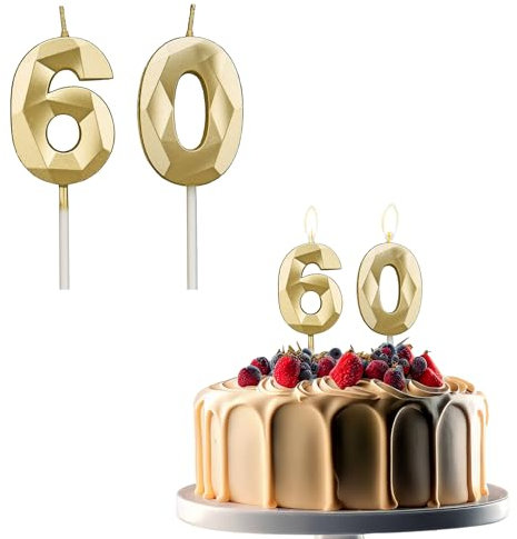 JEKUGOT 60th Birthday Candles for Cakes, Number 60 Candle, Gold Candle, Cake Candles Cake Topper Decorations for Birthday Party, Wedding, and Anniversary Celebration Supplies