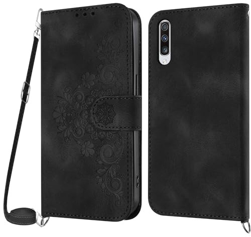 NETANY Handykette Hülle für Samsung Galaxy A50/A50S/A30S, Handyhülle Samsung A50/A50S/A30S Hülle mit Kette, PU Leder Necklace Klapphülle und Umhängeband Lanyard Flip Schutzhülle mit Band (Schwarz)