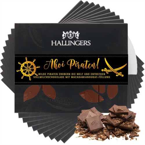 Hallingers Genuss Manufaktur Schokolade Geschenk - Tafel Edelkakao handgeschöpft ohne Alkohol edler Karton 10x Ahoi Piraten Macadamia-Nougat, Geschenkidee für Jungen
