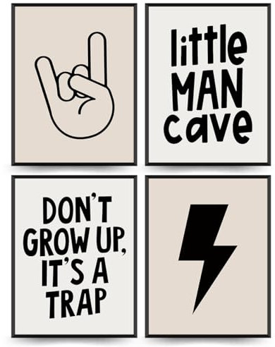 PLKMN Little Man Cave Wandkunstdrucke, Preppy Peace Hand Lightning Sign Poster Drucke für Jungen, Teenager, Schlafzimmer, Spielzimmer, Schlafsaal, Dekoration, Don't Grow Up It's A Trap, 30,5 x 40,6