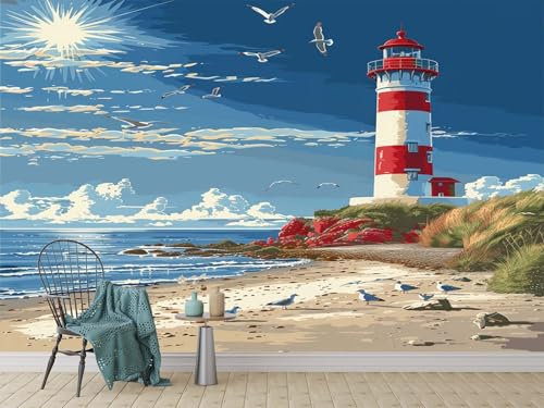 Generic Vlies Tapeten Wandtapete Nautisches Thema Meer Leuchtturm MöWen Muster 3D Wandbild Wohnzimmer Wanddekoration Fototapete 3D Tapete Effekt 200x140 Cm
