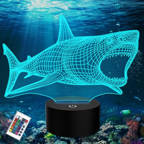 PONLCY Hai Nachtlicht, 3D Illusion Lampe mit Fernbedienung, 16 Farben USB Schreibtischlampen, Schlafzimmer Dekoration Tischlampe für Kinder Weihnachten Geburtstag Geschenke