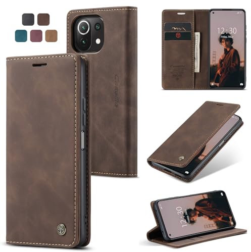 Cracedily Handyhülle für Xiaomi Mi 11 Lite 4G / 5G / NE Hülle, Klapphülle Premium Lederhülle Klappbar Flip Case Tasche Magnet Kartenfach Standfunktion Klapphülle Schutzhülle, Kaffee
