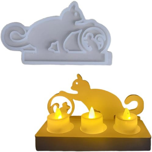 ALEFBET Silikonformen Gießformen, Silikonform Kerzenhalter Groß, Neues Konzept zur Herstellung Ihrer eigenen Kerzenhalter, Gipsformen zum Gießen (Einsatz - Katze fängt Maus)