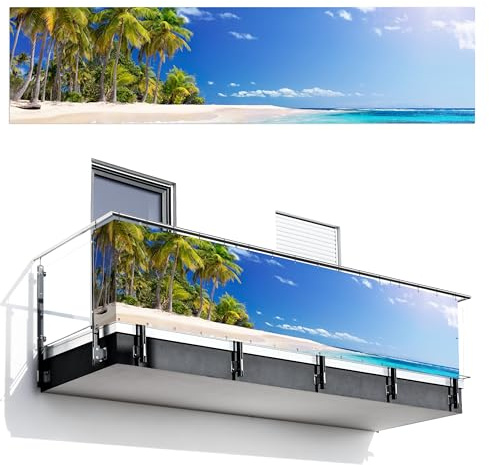 MuchoWow© Balkon Sichtschutz Einseitig 130x500 cm Groß Terrassen Gartenzaun Balkonfächer ohne Bohren Wetterfest für Zaun Terrasse Balkonbespannung Seitenschutz Strand - Meer - Palme - Sommer