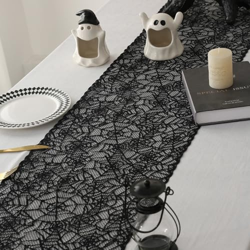 Anevous Schwarzer Spitzen Tischläufer, Rechteck Tischdecke mit Muster, Halloween Tischläufer für Halloween Party Dekoration, Home Kitchen, Esstisch Dekor Partybedarf,Spinnennetz 30x150cm