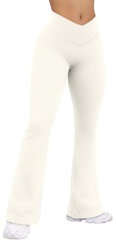 OQQ Damen Yoga Leggings Schlaghose Cross Waist Hohe Taille Flared Elastische Sport Leggings für Damen Beige