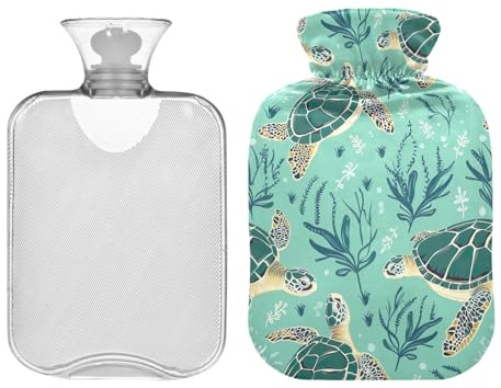 Wärmflaschenbeutel mit Bezug, türkisfarbene Schildkröten und Seetang, Wärmflasche, warme Wasserflasche zur Schmerzlinderung, Bett, Hand- und Fußwärmer, 1 Liter