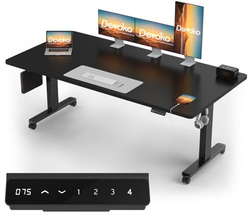 Devoko Höhenverstellbarer Schreibtisch mit 2 Motoren,25mm Einteilige Tischplatte, 200x80 cm Mobiler Elektrisch Computertisch mit Kabel Management, Schwarz - Perfekte Ergonomie für Dein Büro