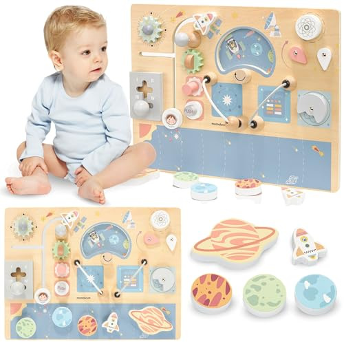 mamabrum Interaktive Holz-Spieltafel XL Kosmos – Lernspielzeug für Kinder ab 18 Monaten – Mit Drehrädern, Knöpfen, UFO, Labyrinth – Fördert Feinmotorik & Kreativität