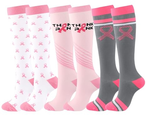 Zssxysm 3 Paires Chaussettes de Contention pour Femme, Sportive Chaussettes Haute, Chaussettes de Compression Mollet de Sport Running Voyage Avion Cyclisme Course à Pied, Bas de Contention (Rose)