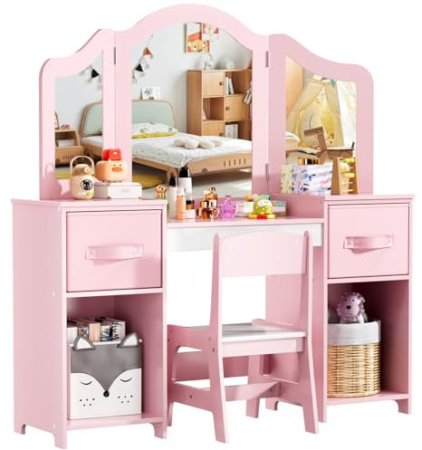 MAMIZO Toeletta Trucco Bambina 2 in 1, Toeletta Trucco con Sgabello, Toeletta per Bambini con Specchio Rimovibile, Postazione Trucco Bambina, Scrivania per Bambini, 108x30x114 cm, Rosa-Bianco