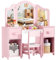 MAMIZO 2 in 1 Schminktisch Kinder Set, Kinderschminktisch mit Abnehmbarem Spiegel, Schminktisch Mädchen, Schreibtisch mit Hocker, Prinzessin Frisiertisch aus Holz, 108x30x114 cm, Rosa-Weiße