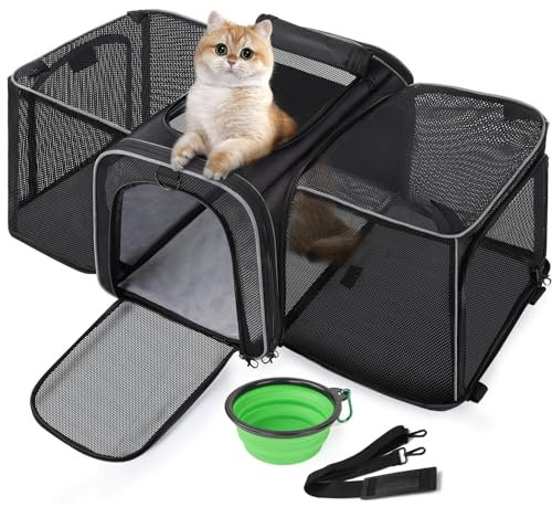 pecute Katzentransportbox Transportbox Katze Groß, Erweiterbar Katzenbox, 200% Raumzunahme, täglicher Haustiertransport, Haustierzaun im Freien In das Tierkrankenhaus, Schwarz