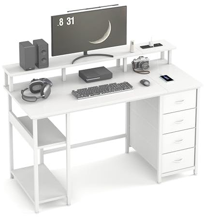 MUTUN 120CM Computer Desk with 4 Fabric Drawers, Gaming Desk with Power Outlets, Home Office desk for Monitor Stand and Storage & Shelves, Work Desk with USB and TypeC Charging Port, White