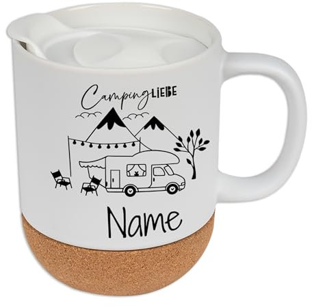 GRAZDesign Tasse Camping Liebe mit Namen personalisiert mit Korkboden und Deckel - Geschenk Camper, 330ml
