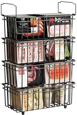 UMDONX 4 Pack Chest Freezer Baskets Organiser - Stackable Kitchen Storage Boxes for 198L Chest, with Fold down Handle, Durable Metal Shelf Rack Frozen Goods Sort - Black