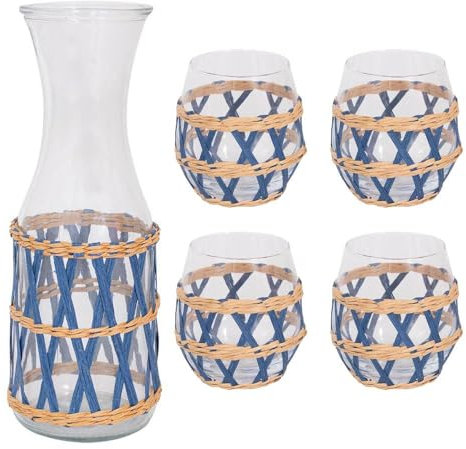 YöL Pack of 4 Glass Tumblers & 1.1 Litre Carafe Water Jug Navy Woven Detail Drinks Pitcher Summer Dining