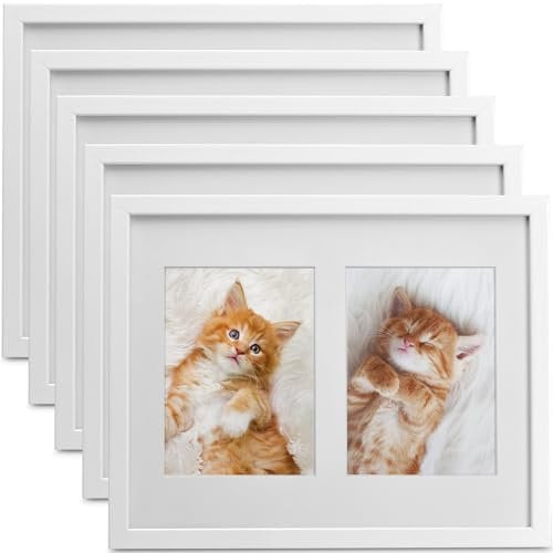 bomoe 5x Bilderrahmen Collage für 2 Fotos 9x13 cm – Fotorahmen Collage aus Holz, Kunststoffglas, Metall-Aufhängung & Passepartout Multirahmen für Bilderrahmen Set – Bilderrahmen 9x13 Weiß Galeria