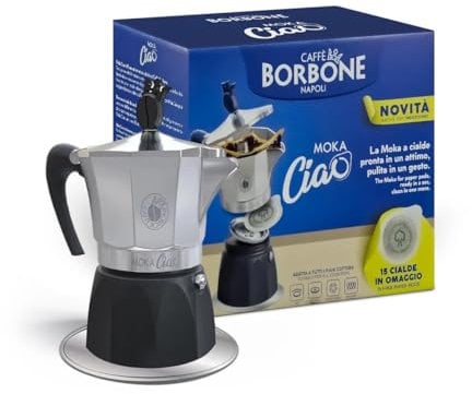 Caffettiera a induzione Moka Ciao, capacità 3 tazze, compatibile con piani cottura a induzione, incluse 15 cialde Blue Blend
